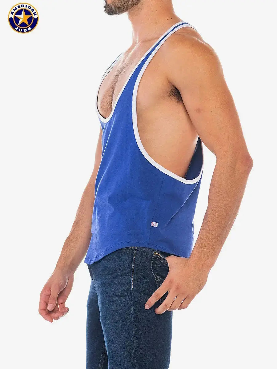 Royal blue men's sports stringer tank top by AMERICAN JOCK featuring a deep neckline and wide armholes shown on a model.