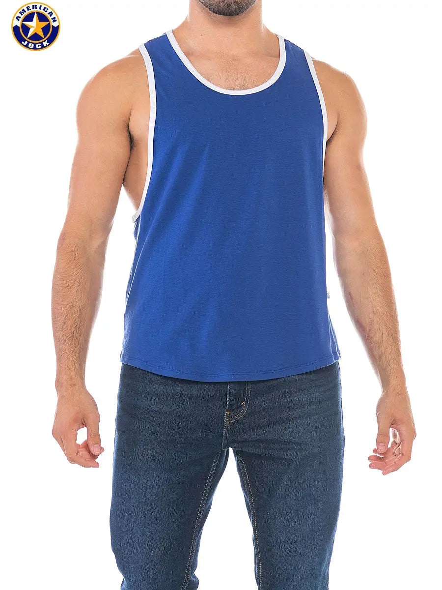 Royal blue men's tank top with deep armholes and white trim worn by a model made by AMERICAN JOCK.