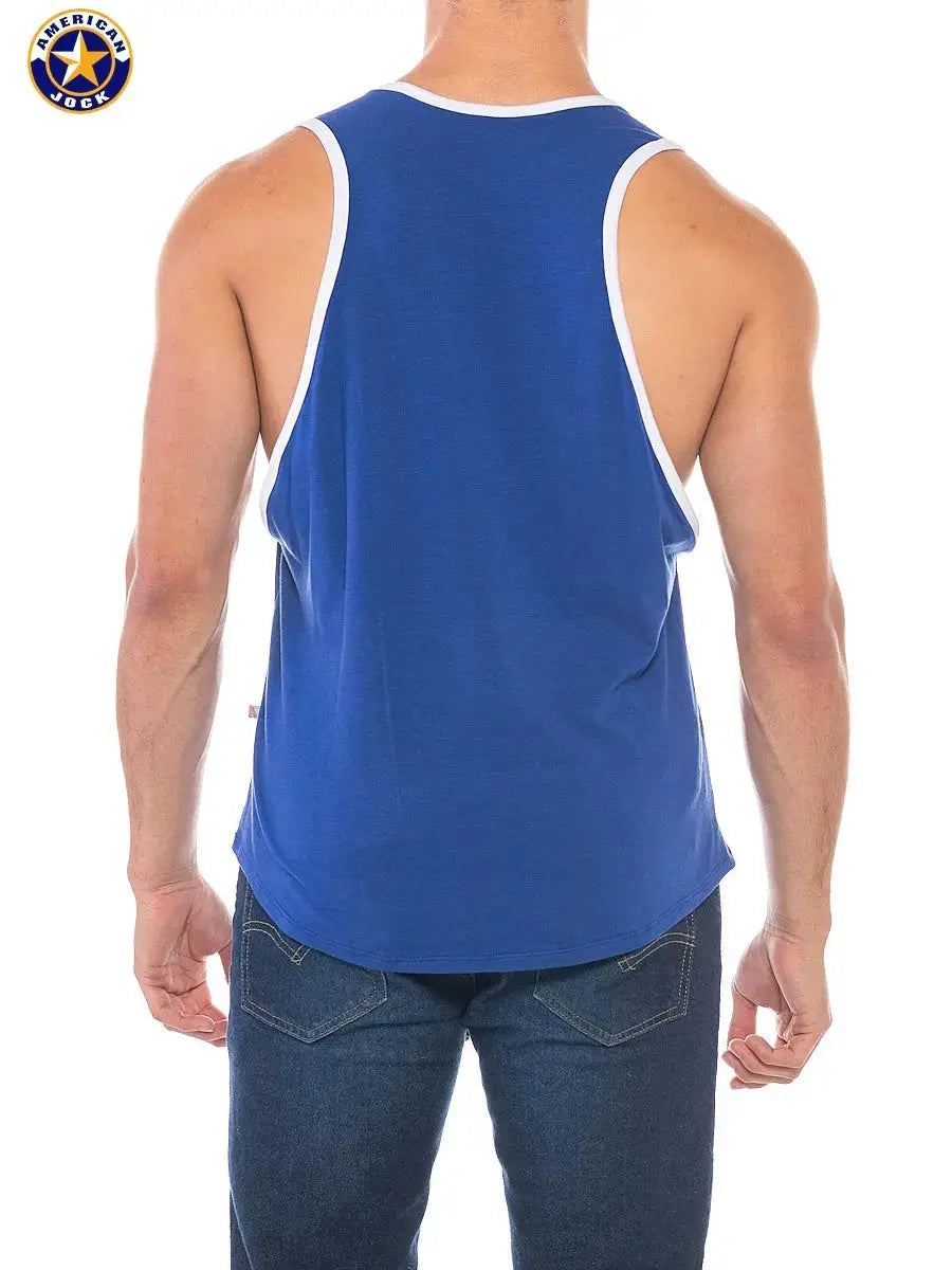 Royal blue men's tank top with deep armholes and white trim shown on a model from the back by American Jock.