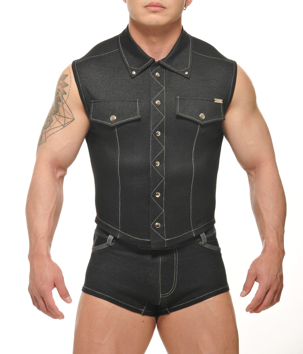 Durango denim muscle vest sleeveless black denim with silver-toned buttons and white stitching details