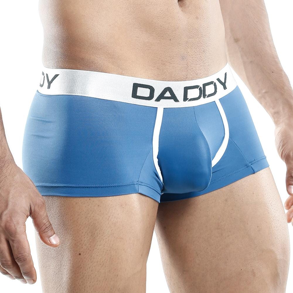 Blue daddy ddg001 boxer trunk with white waistband featuring daddy text and matching white leg trims