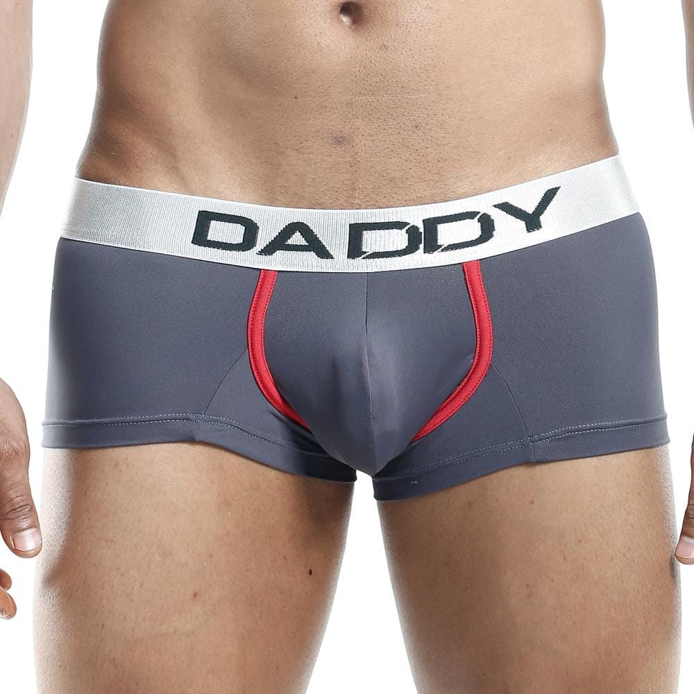 Gray daddy brand briefs daddy DDG001 boxer trunk with red trim and white waistband featuring black lettering