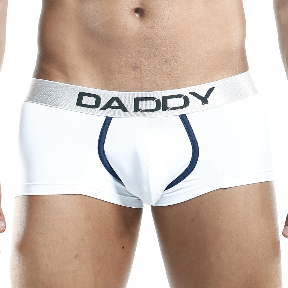 Daddy ddg001 boxer trunk briefs in white with navy blue trim and silver waistband designed for comfort and style