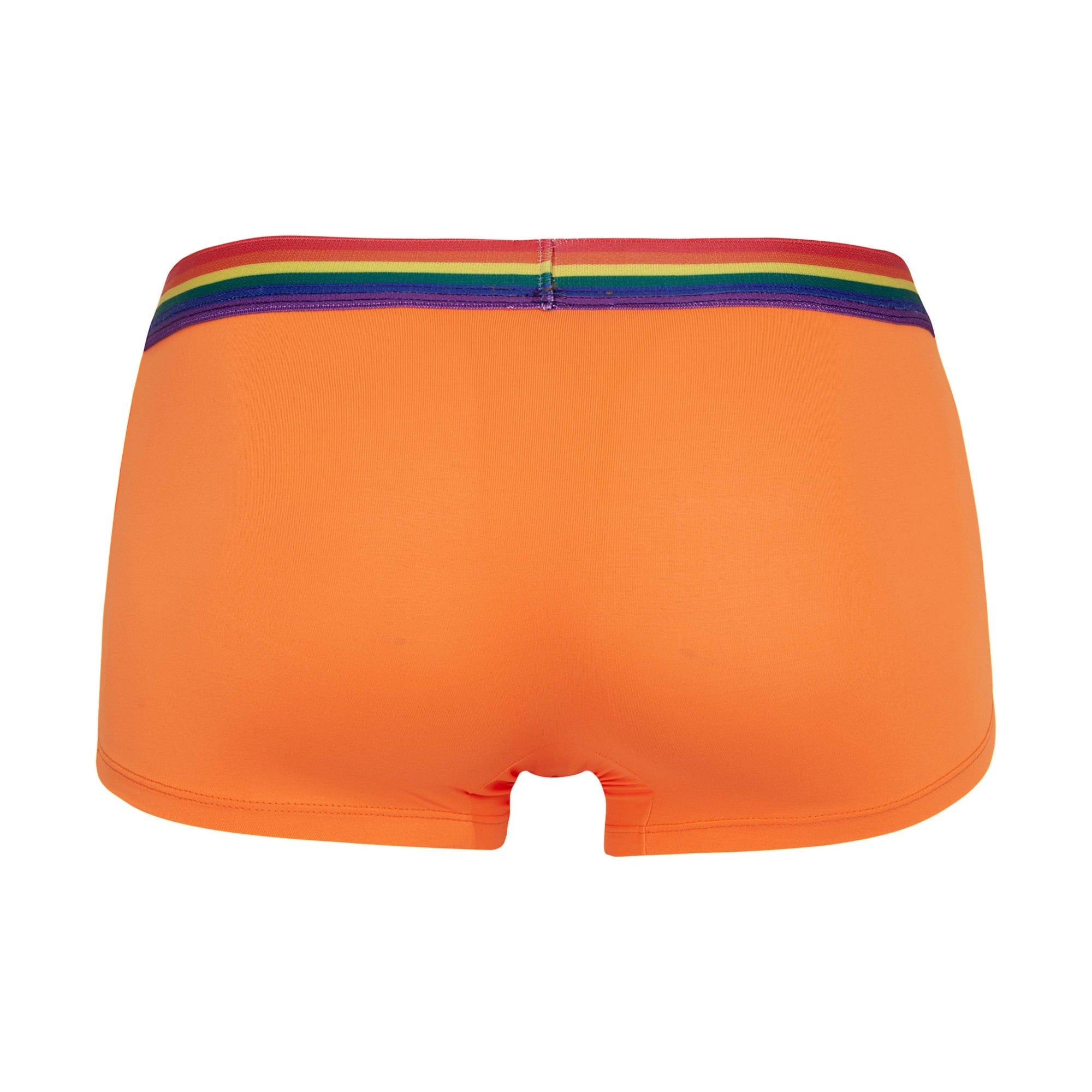 Bright orange daddy ddg011 boxer briefs with a colorful rainbow stripe along the waistband