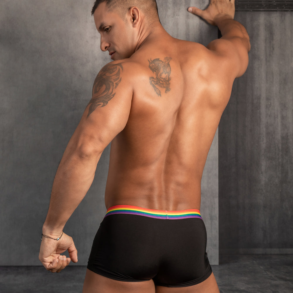 Black Daddy DDG011 boxer briefs with a vibrant rainbow elastic waistband for comfortable everyday wear
