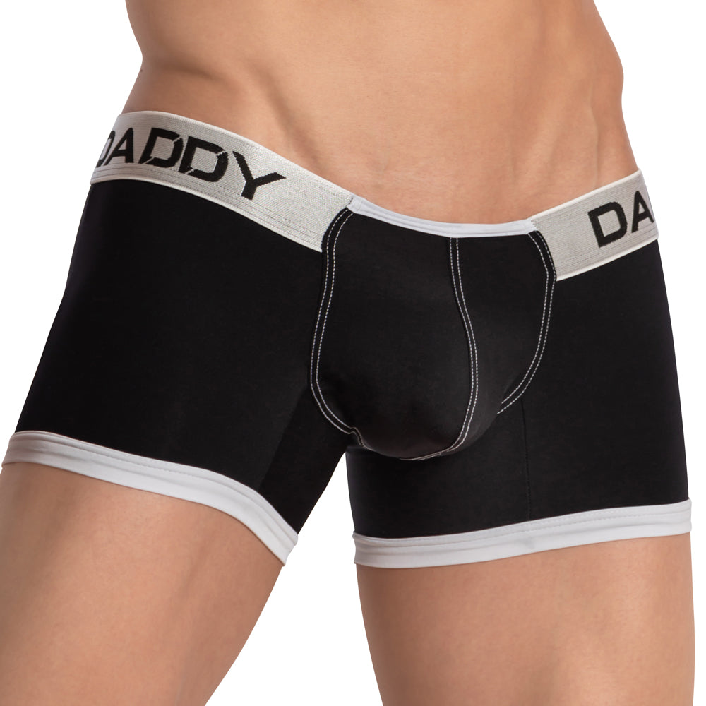 Black daddy brand daddy ddg015 boxer briefs with white trim and stitching showing front side design