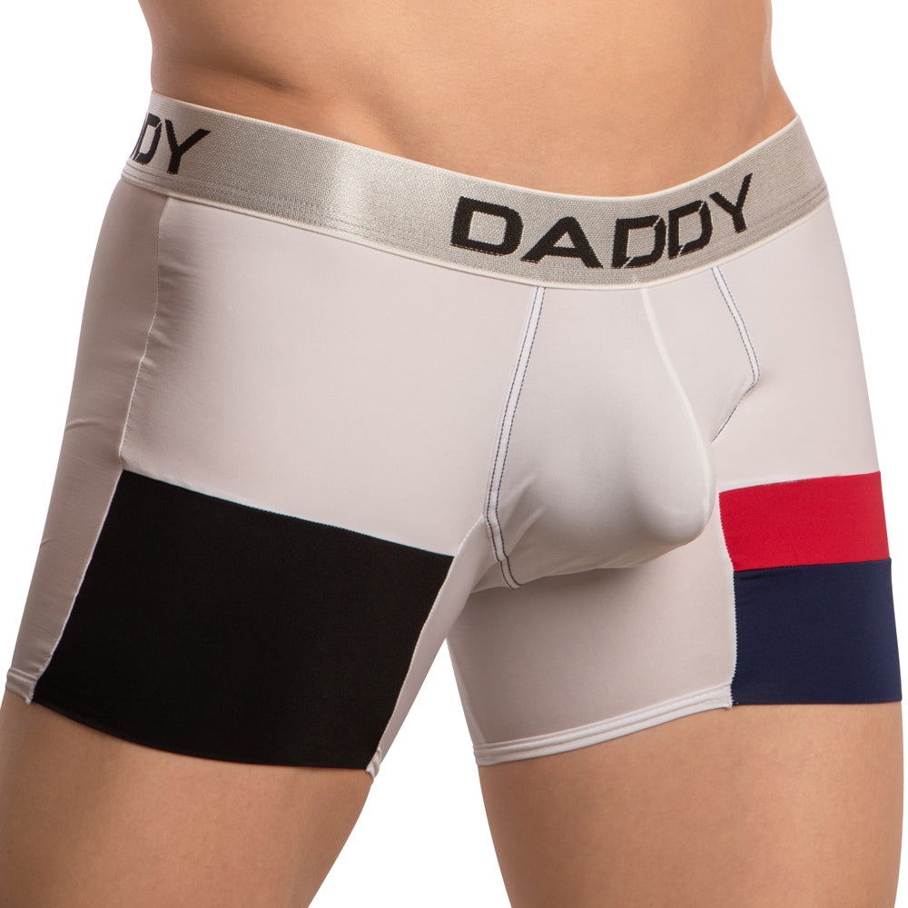 White black and red men’s Daddy DDG018 boxer briefs with silver waistband featuring bold black daddy lettering
