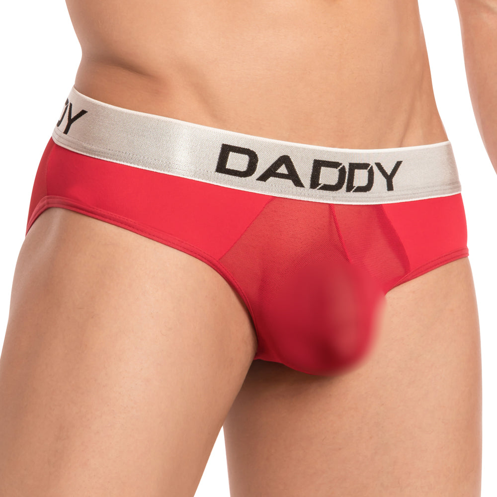 Red transparent daddy ddi015 bikini brief with white elastic waistband featuring daddy in black lettering