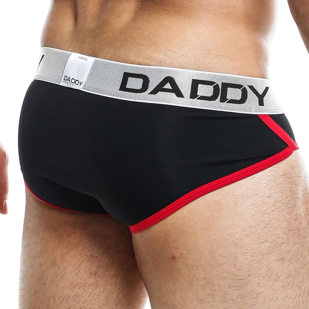 Black daddy ddj008 brief underwear with red trim and gray waistband featuring bold black brand name text