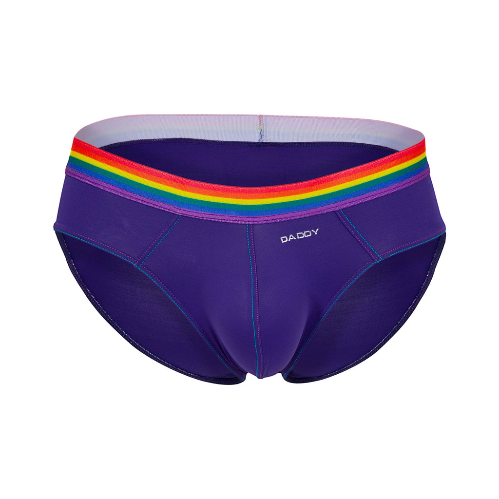 Purple daddy brand daddy ddj027 brief featuring a rainbow stripe waistband in breathable cotton fabric