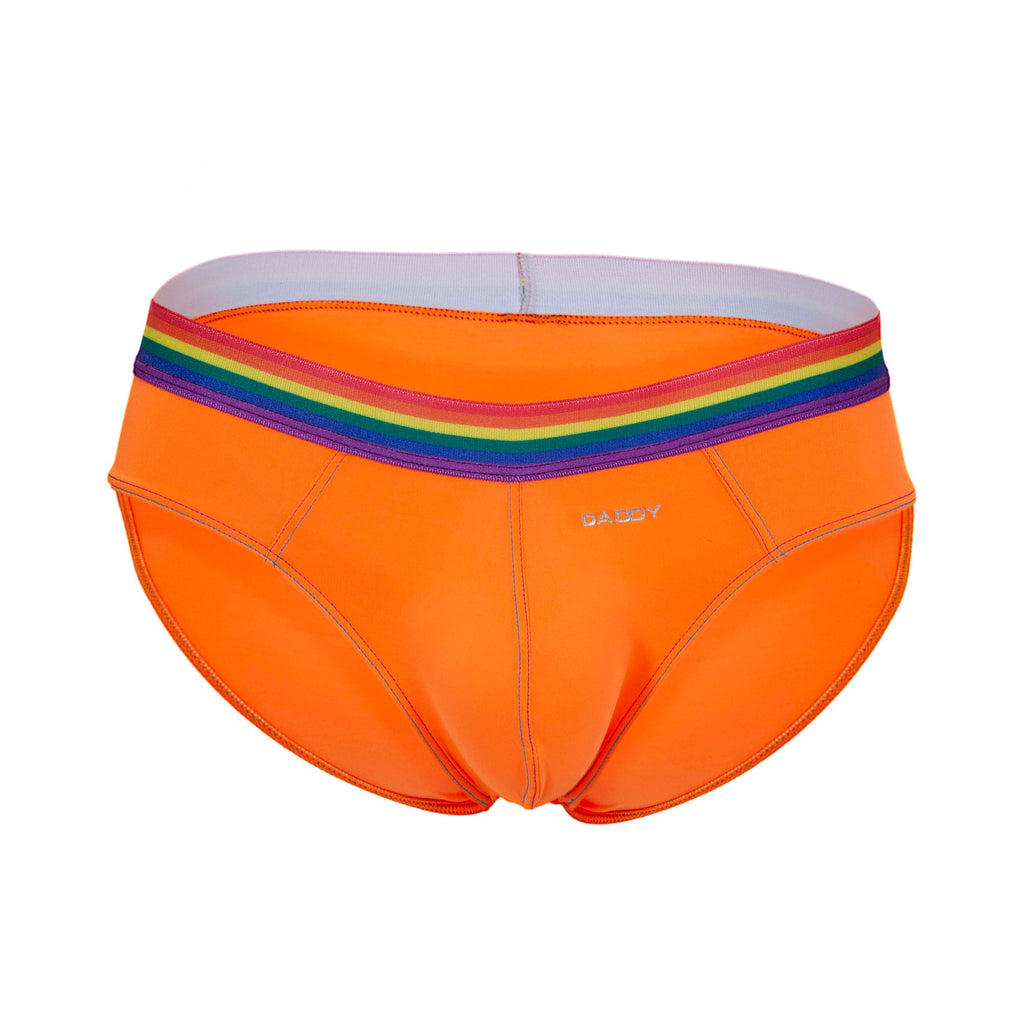 Bright orange daddy DDJ027 men’s briefs with rainbow-striped waistband and embroidered brand name on front