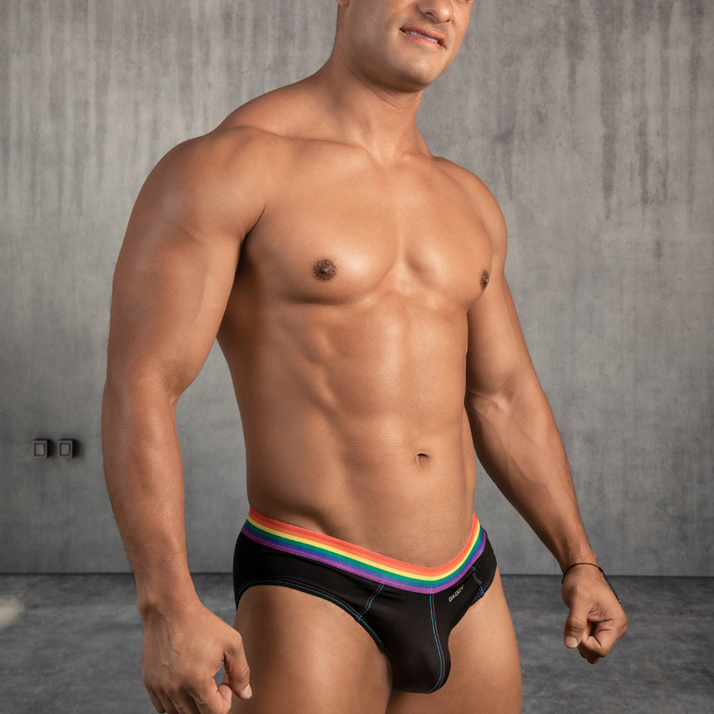 Black daddy ddj027 brief with vibrant rainbow stripe waistband made of soft breathable fabric