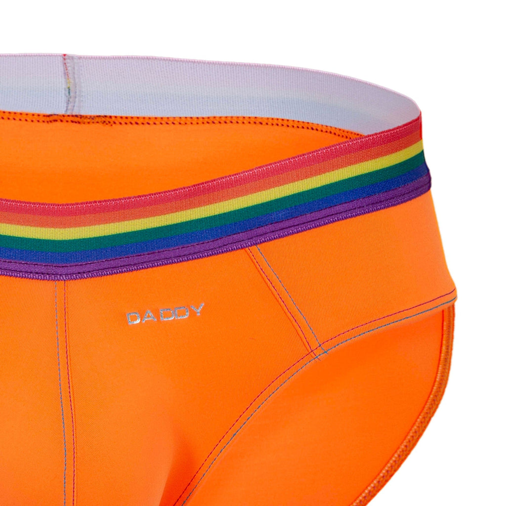 Bright orange daddy DDJ027 men’s briefs with rainbow-striped waistband and silver embroidered logo