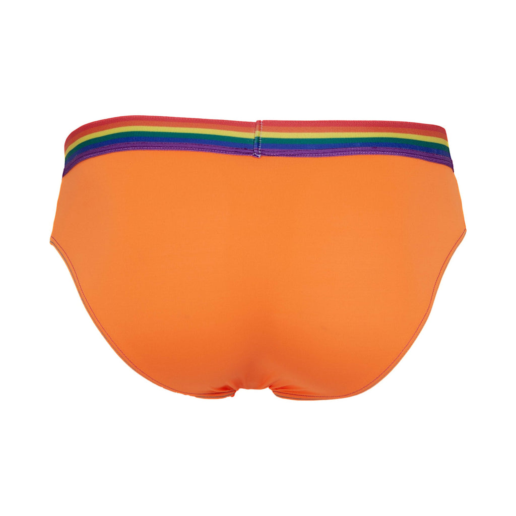 Vibrant orange Daddy DDJ027 brief swim trunks with a colorful rainbow stripe waistband for casual beachwear