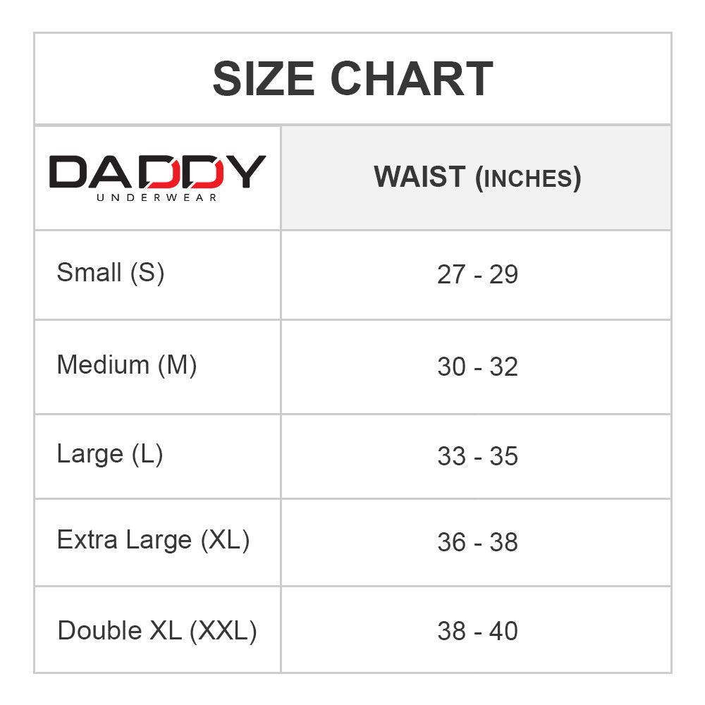 Daddy ddj027 brief underwear size chart showing waist measurements for small to double xl sizes