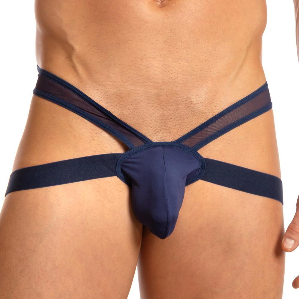 Navy blue mesh and solid fabric men’s briefs with central pouch design daddy ddk030 thong front view