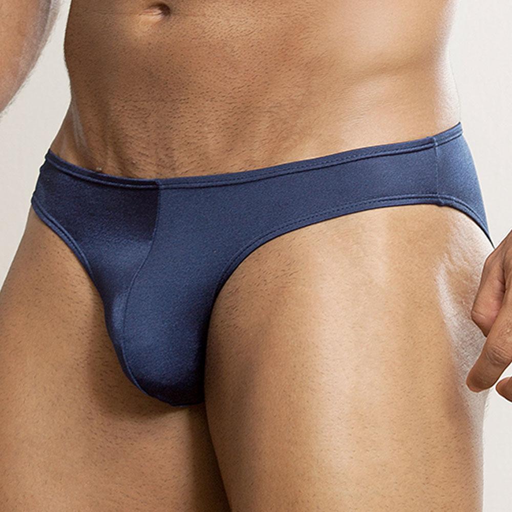 Daniel Alexander DA611 bikini brief in navy blue satin with a smooth glossy finish and a snug fit shown from the back