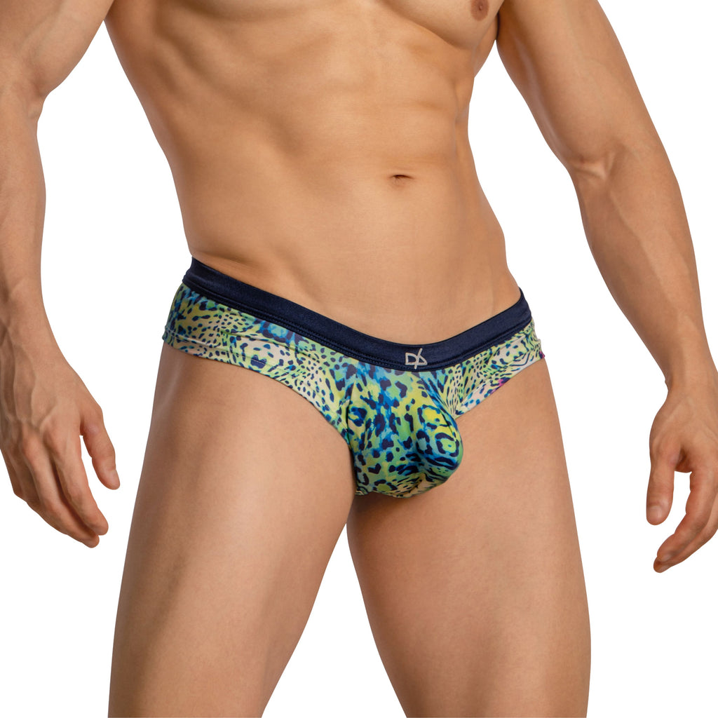 Daniel alexander dag014 boxer brief in blue and green leopard print with navy waistband for men