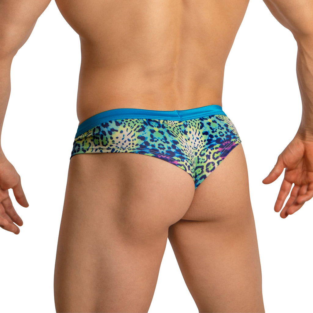 Daniel Alexander DAG014 boxer brief with vibrant multicolored leopard print and solid blue waistband swim trunks style