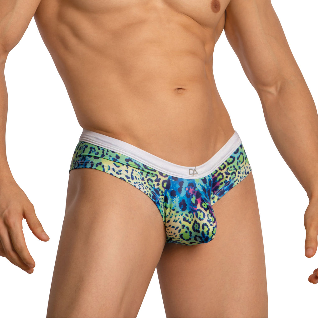 Daniel Alexander DAG014 boxer brief vibrant multicolored leopard-print men’s briefs with white elastic waistband