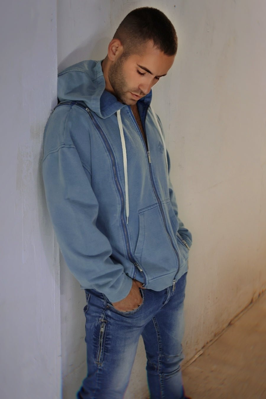 Darkroom hoodie light blue denim with white zipper pulls and front pockets for casual wear
