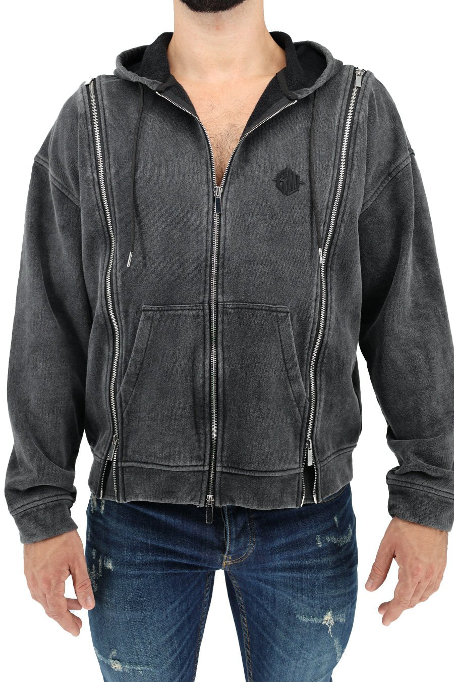 Darkroom hoodie dark gray distressed zip-up with multiple silver zippers and small black chest logo