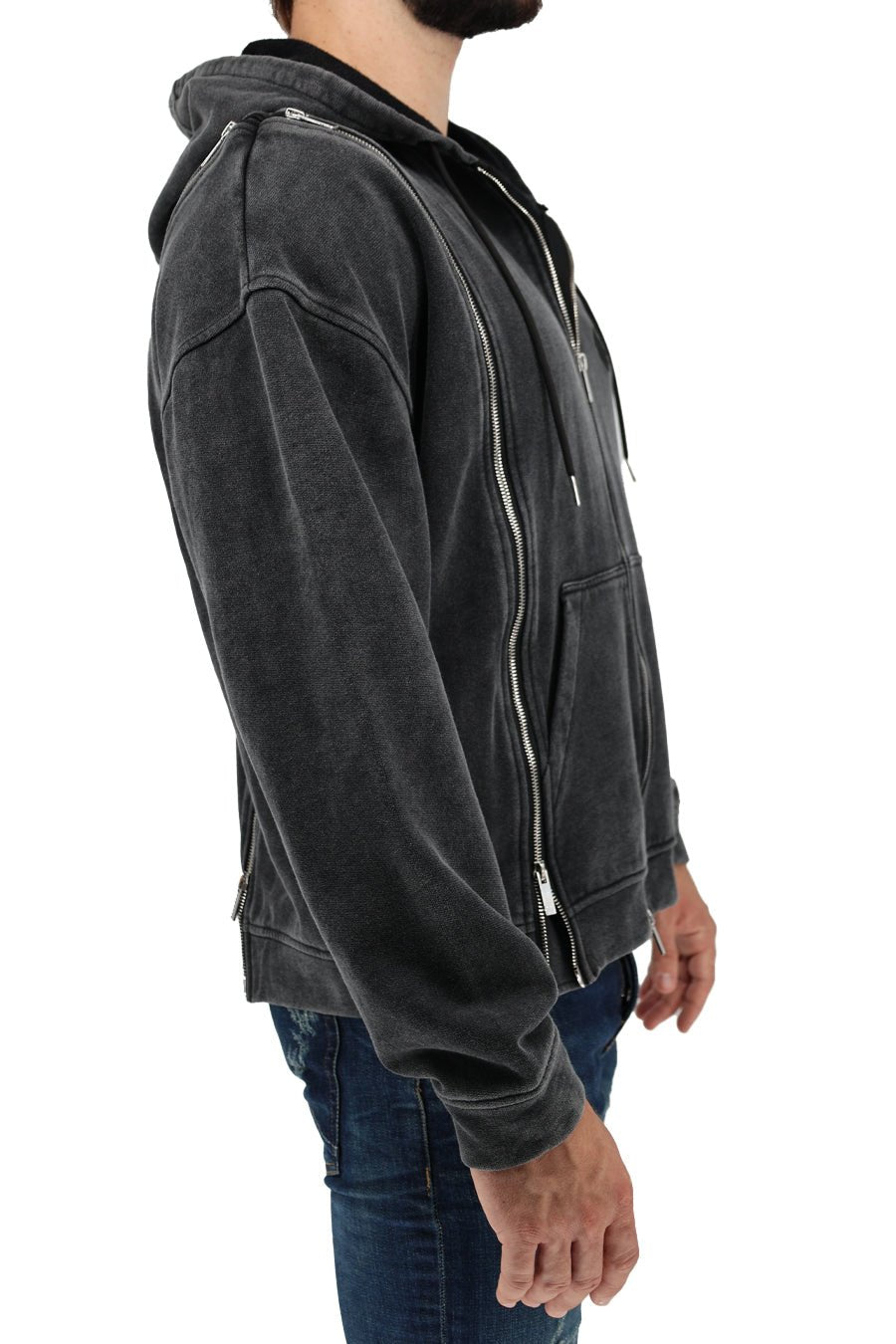 Black darkroom hoodie zip-up with faded distressed texture and silver zippers for casual wear