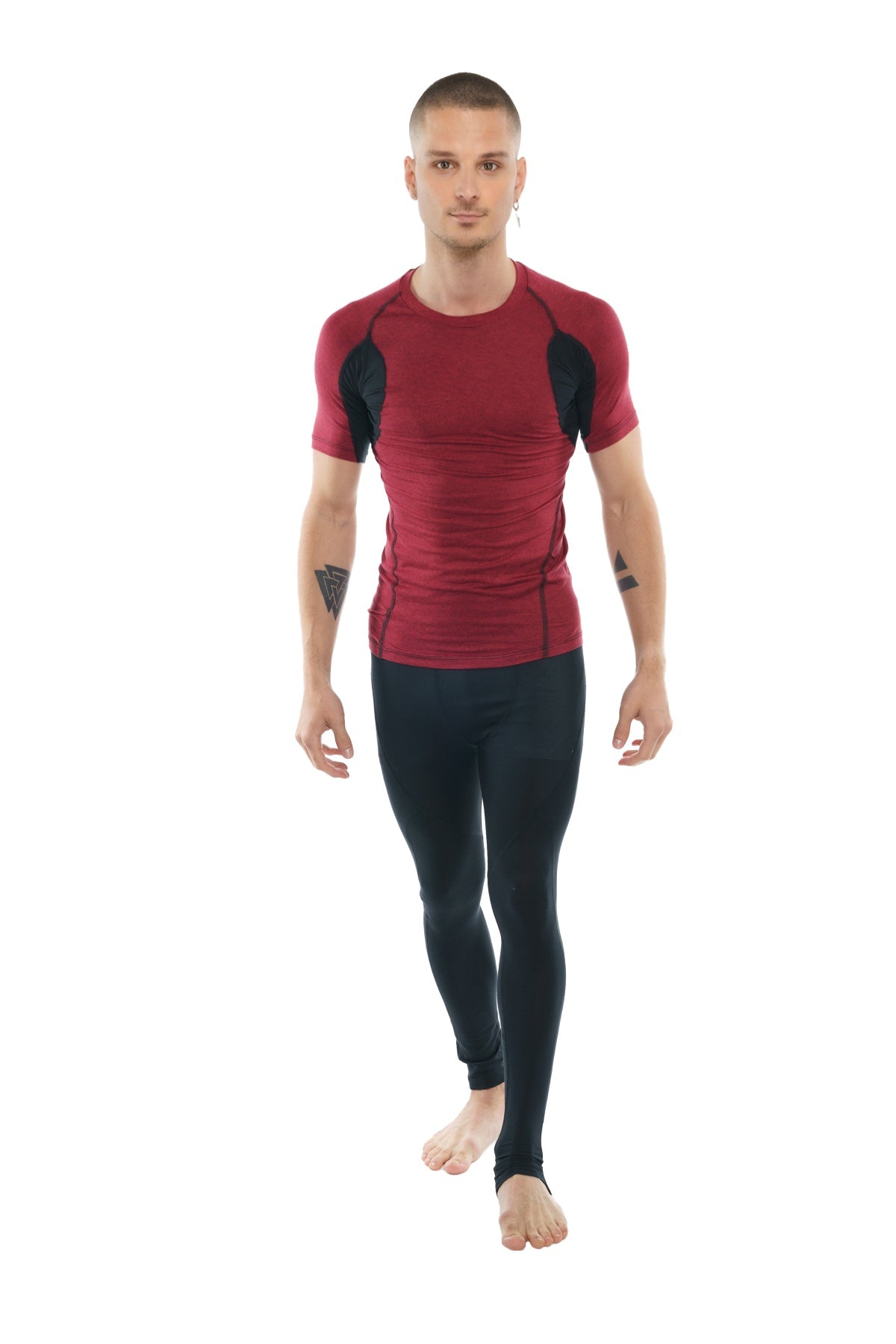 Red and black compression raglan crew neck tee with short sleeves designed for athletic performance