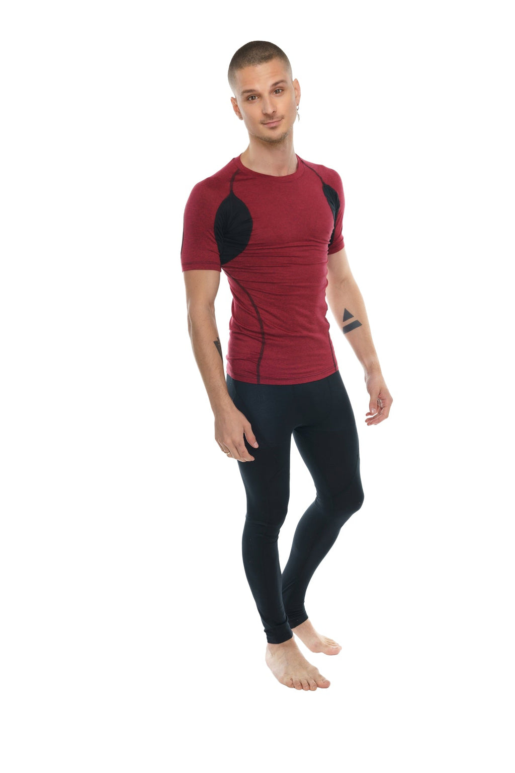 A men’s red and black form-fitting performance short sleeve designer raglan crew neck tee front view