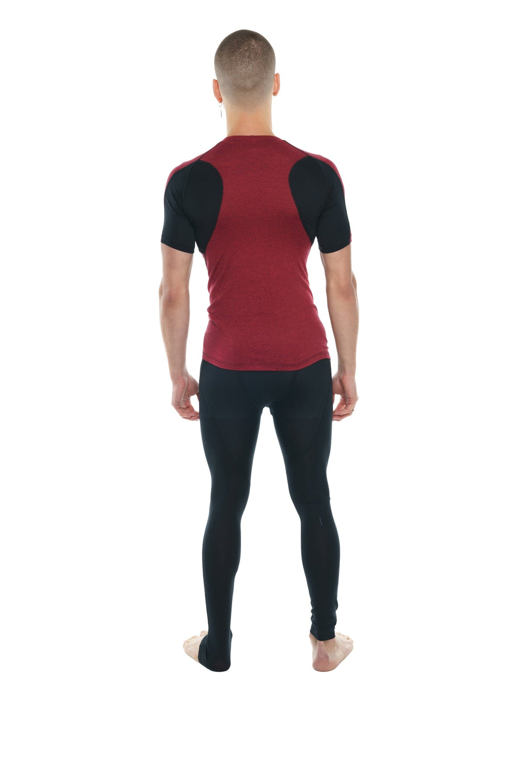 Designer raglan crew-neck tee in brick red with black accent featuring short sleeves and contrasting shoulder panels