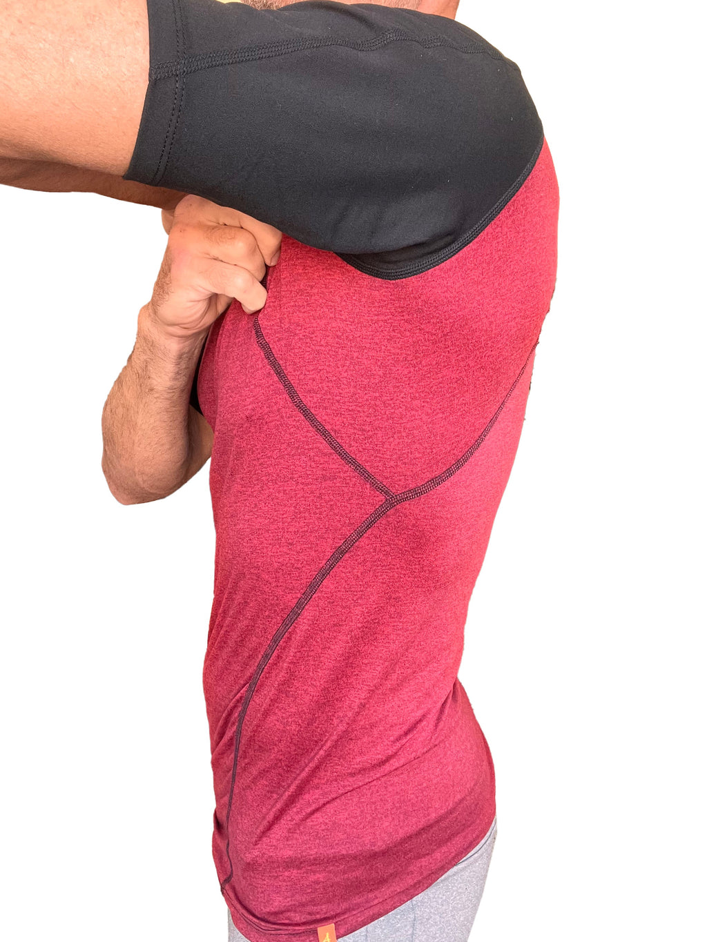 Designer raglan crew-neck tee brick with black sleeve in red heathered fabric with black panel and stitching details
