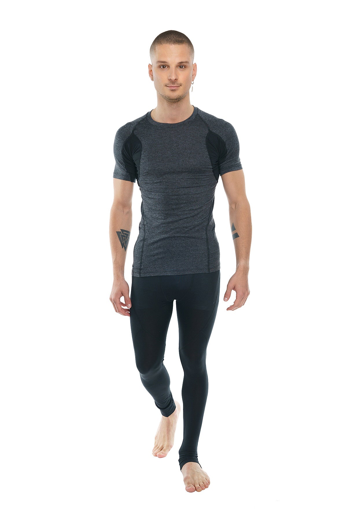 Dark gray performance raglan crew neck tee with black shoulder panels designed for active wear