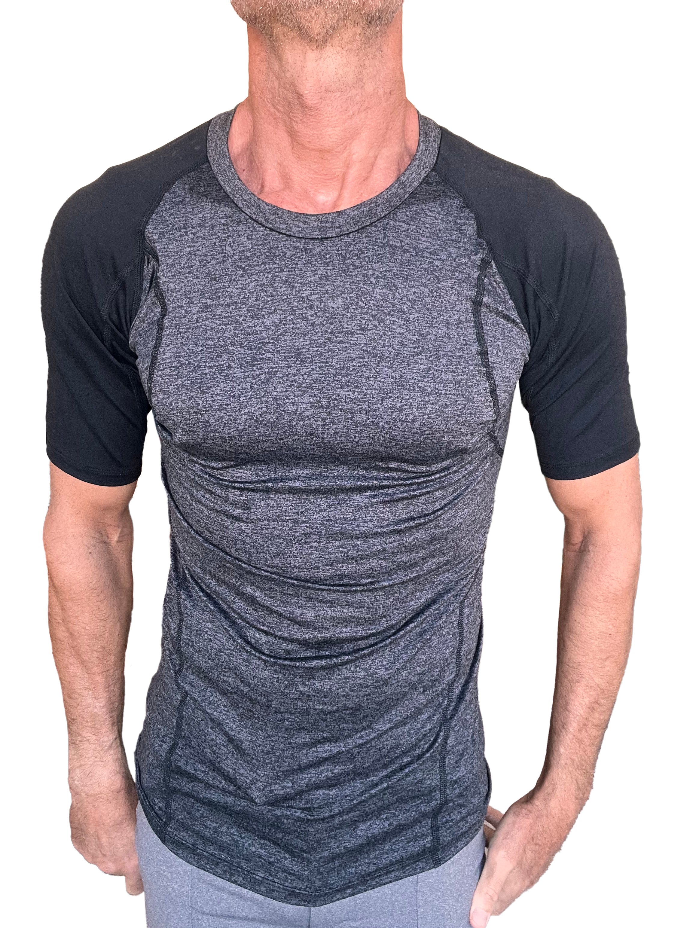 A men’s athletic short-sleeve designer raglan crew-neck tee with heathered charcoal torso and black sleeves