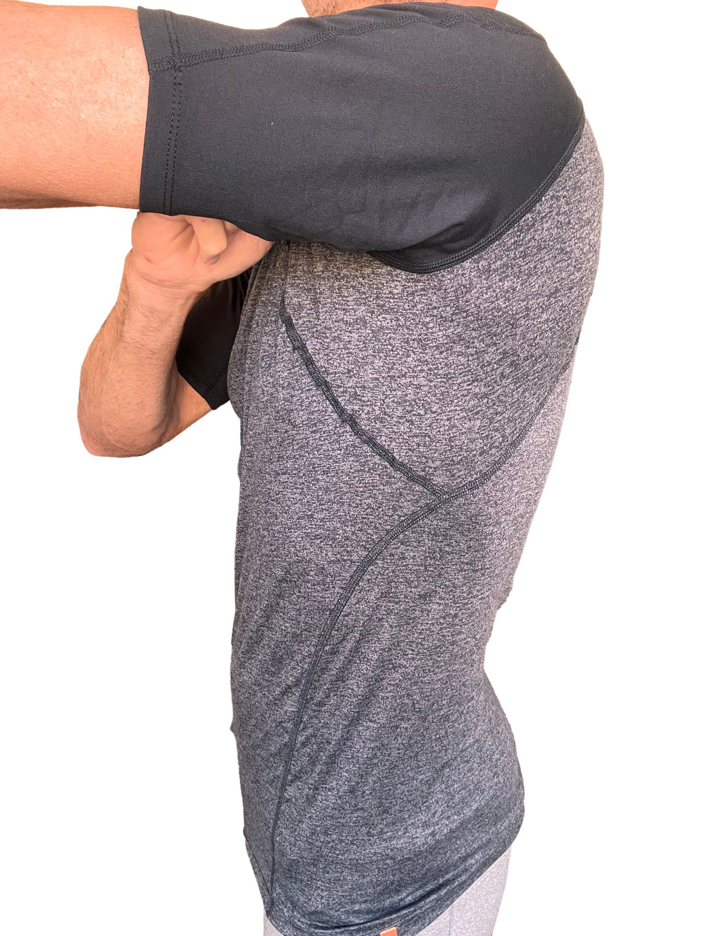 Designer raglan crew-neck tee in charcoal heather with black reinforced shoulder panel for athletic use