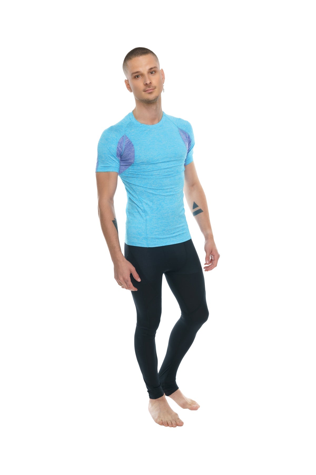 Designer raglan crew-neck tee in light blue athletic fabric with purple panel accents on the shoulders