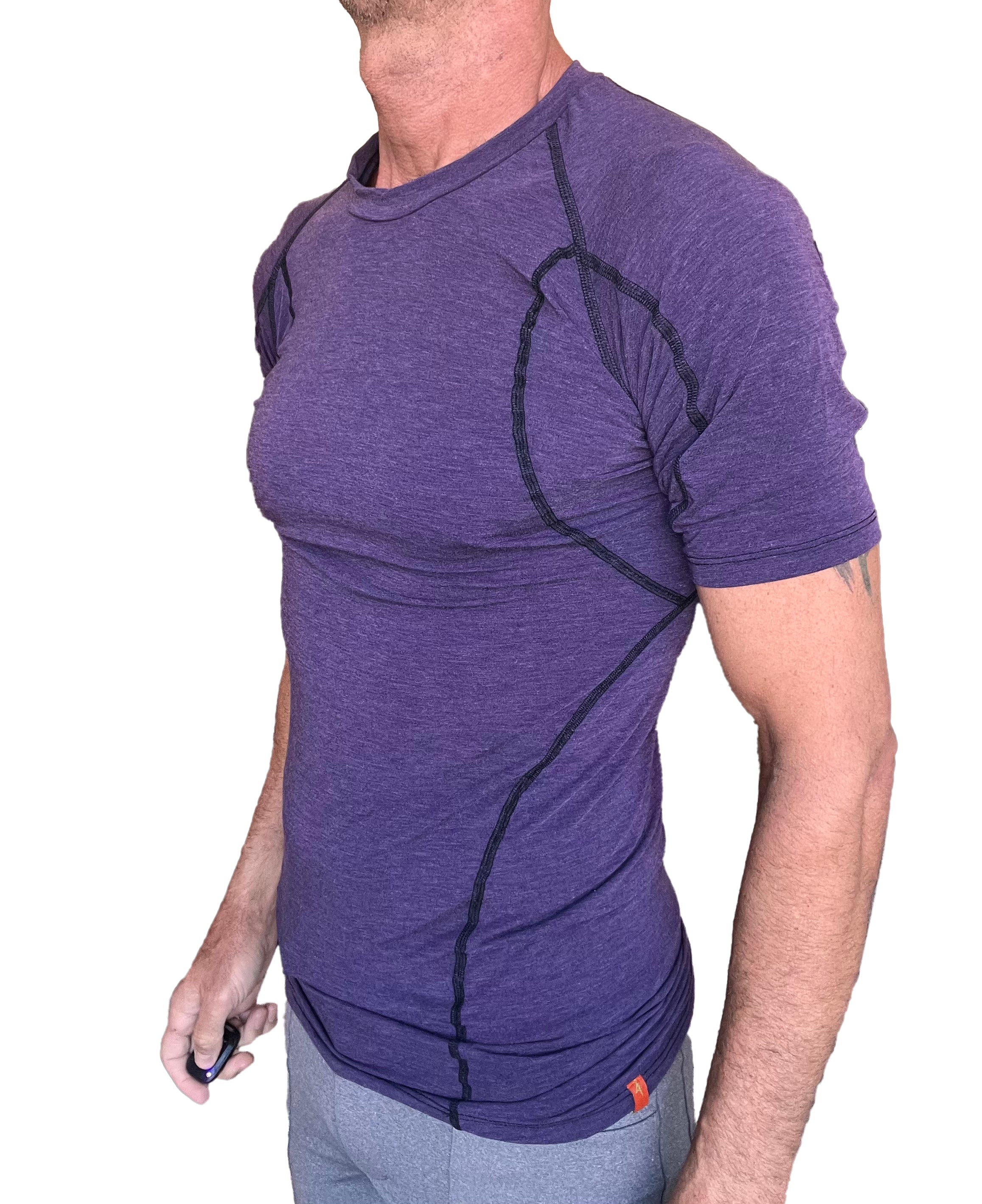 Designer raglan crew-neck eggplant purple short-sleeve athletic shirt with black seam detailing for active wear