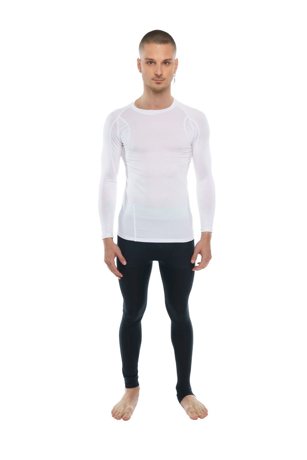 White long-sleeved designer raglan crew-neck compression shirt with subtle seam detailing in arctic white