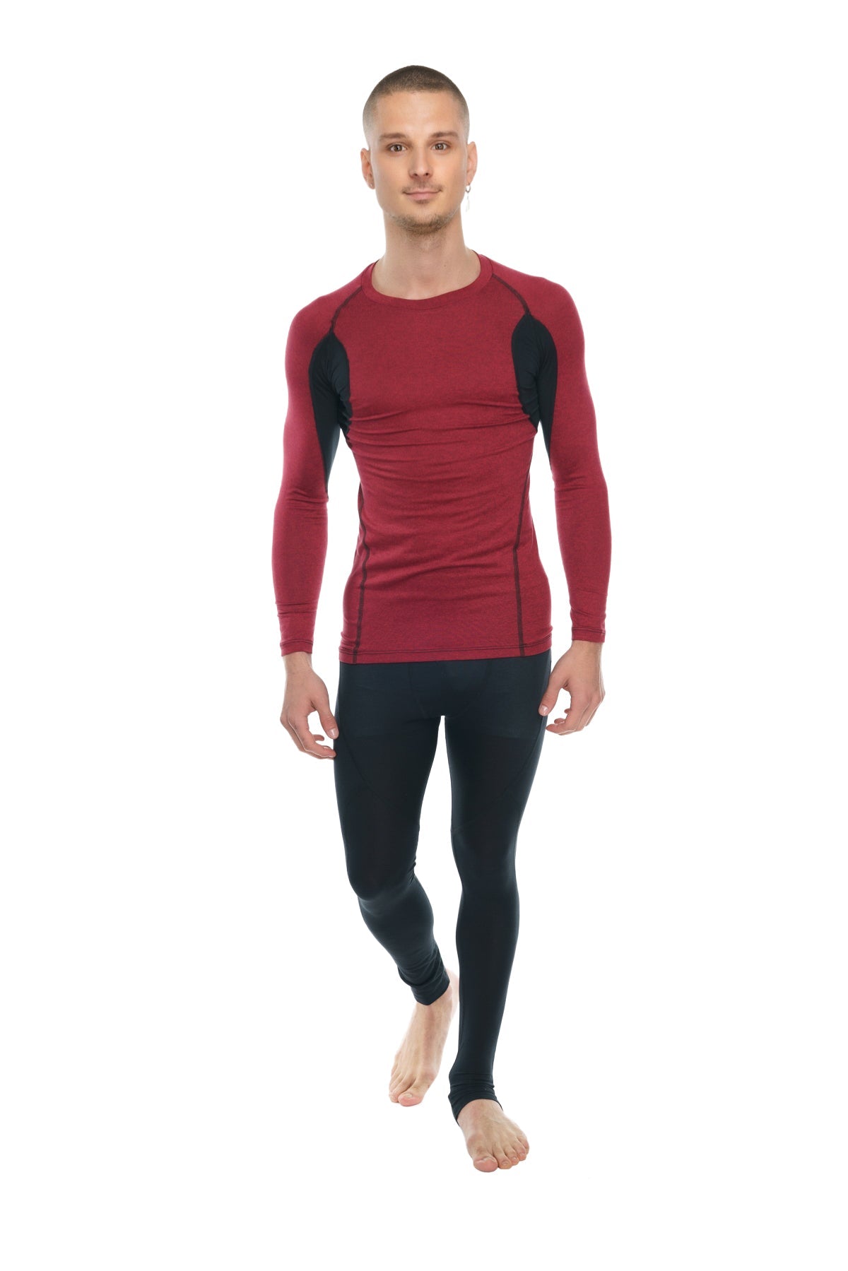 Designer raglan crew-neck tee long sleeve in brick with black accent featuring contrasting shoulder panels in compression fabric