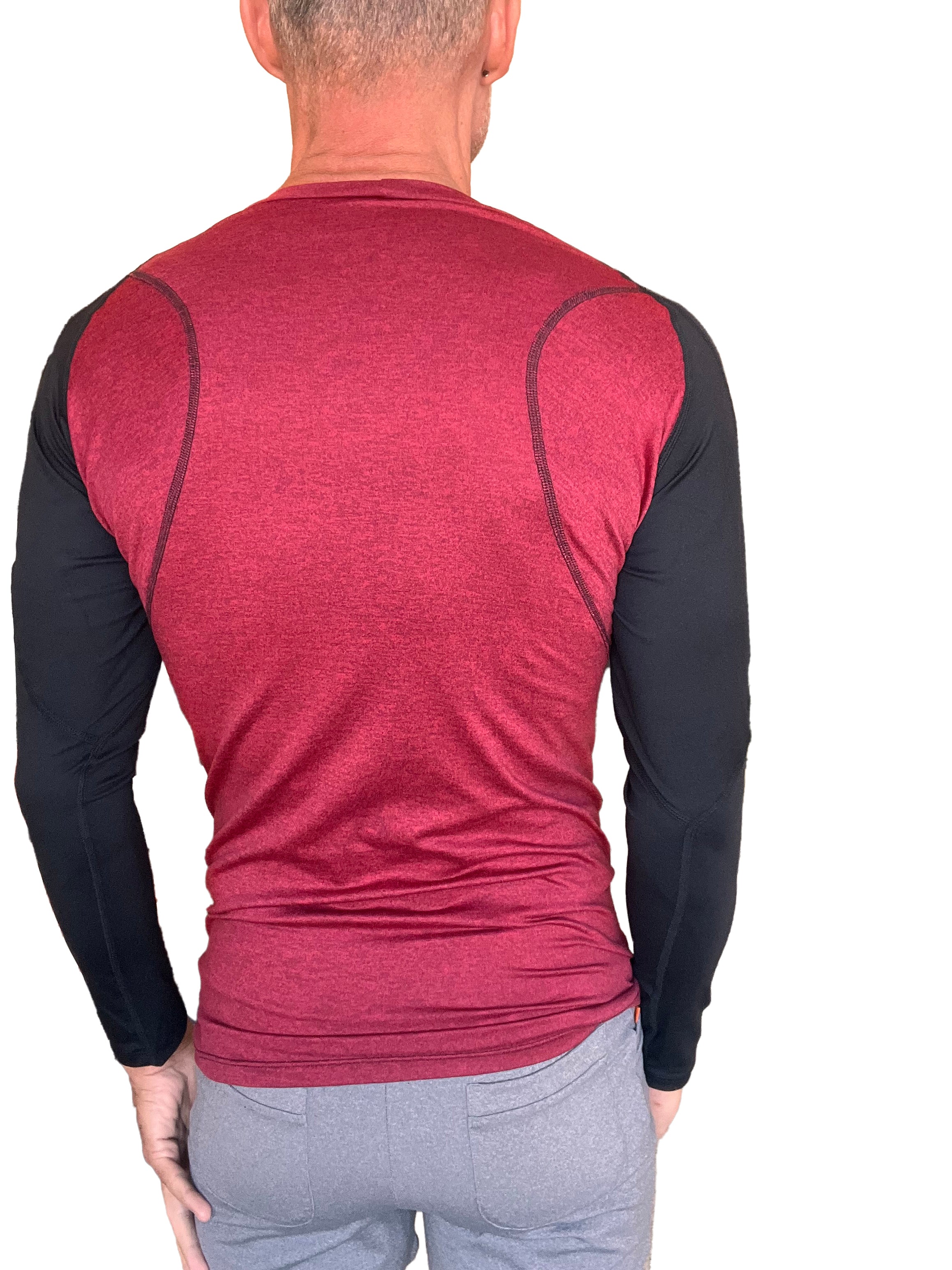 Men’s performance long sleeve designer raglan crew neck tee brick heathered maroon torso black sleeves with seam detailing