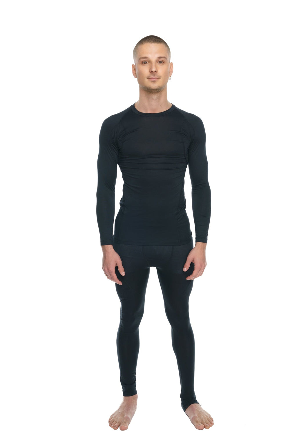 Black long-sleeved compression base layer set in carbon black with raglan crew-neck for activewear use