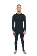 Black long-sleeved compression base layer set in carbon black with raglan crew-neck for activewear use