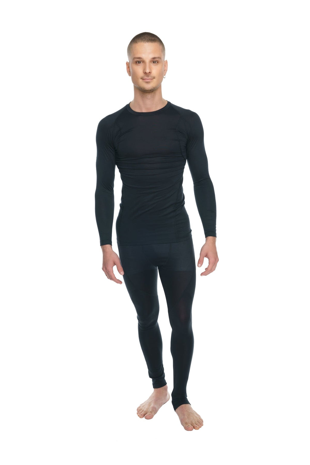 Black long-sleeved thermal underwear set featuring a designer raglan crew-neck tee in carbon black