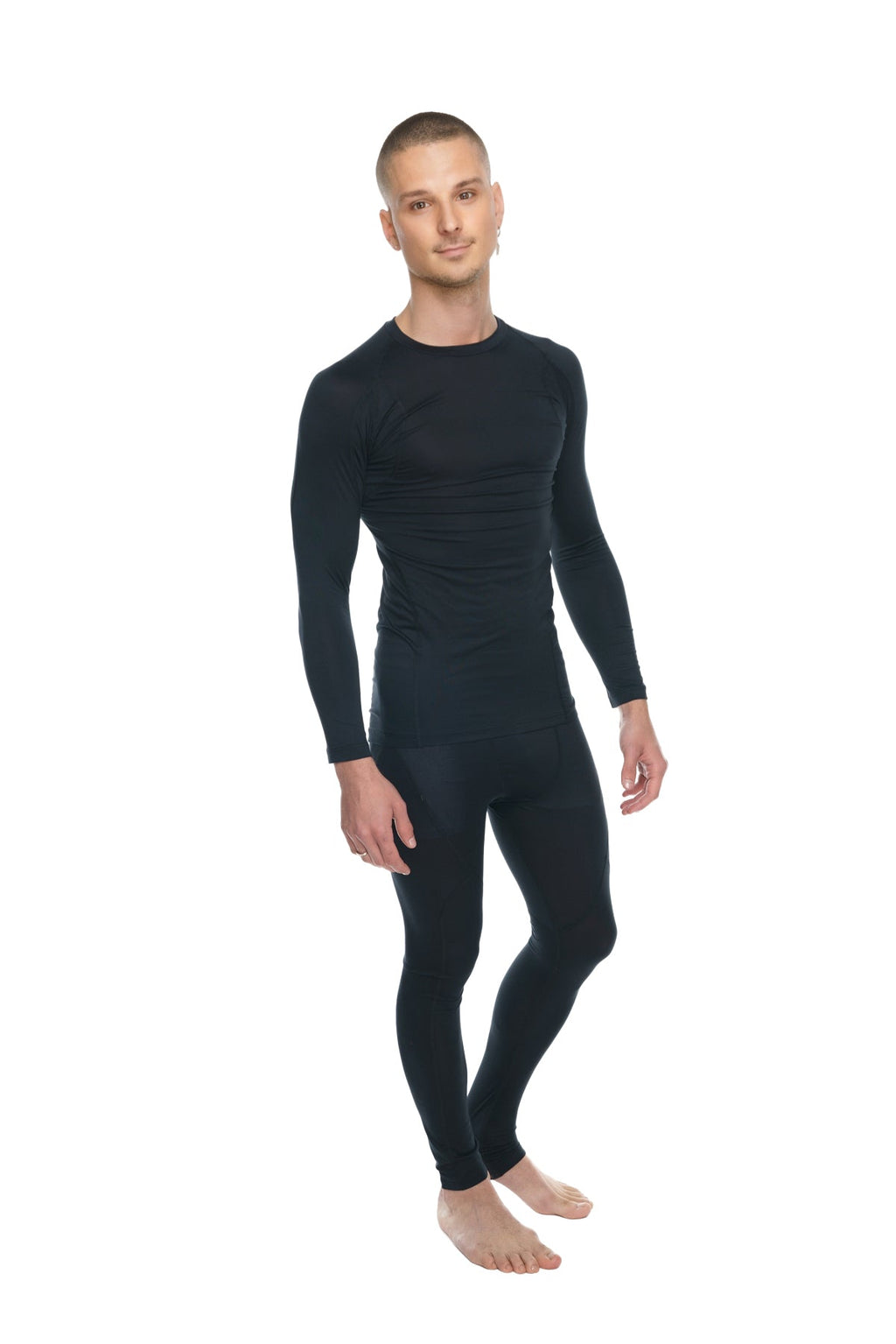 Black long-sleeved full-body compression suit made from carbon black fabric designed for athletic use