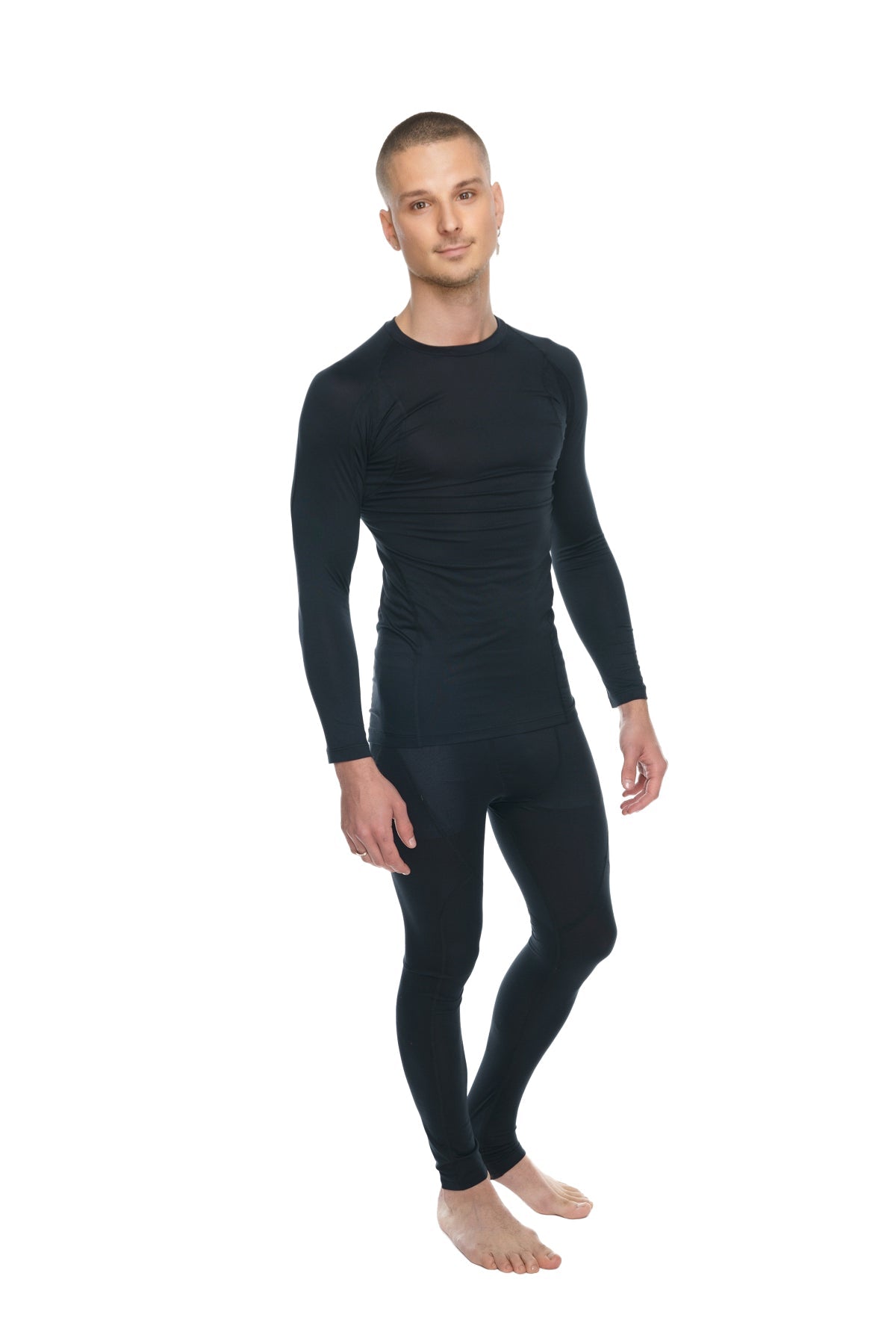 Black long-sleeved full-body compression suit made from carbon black fabric designed for athletic use