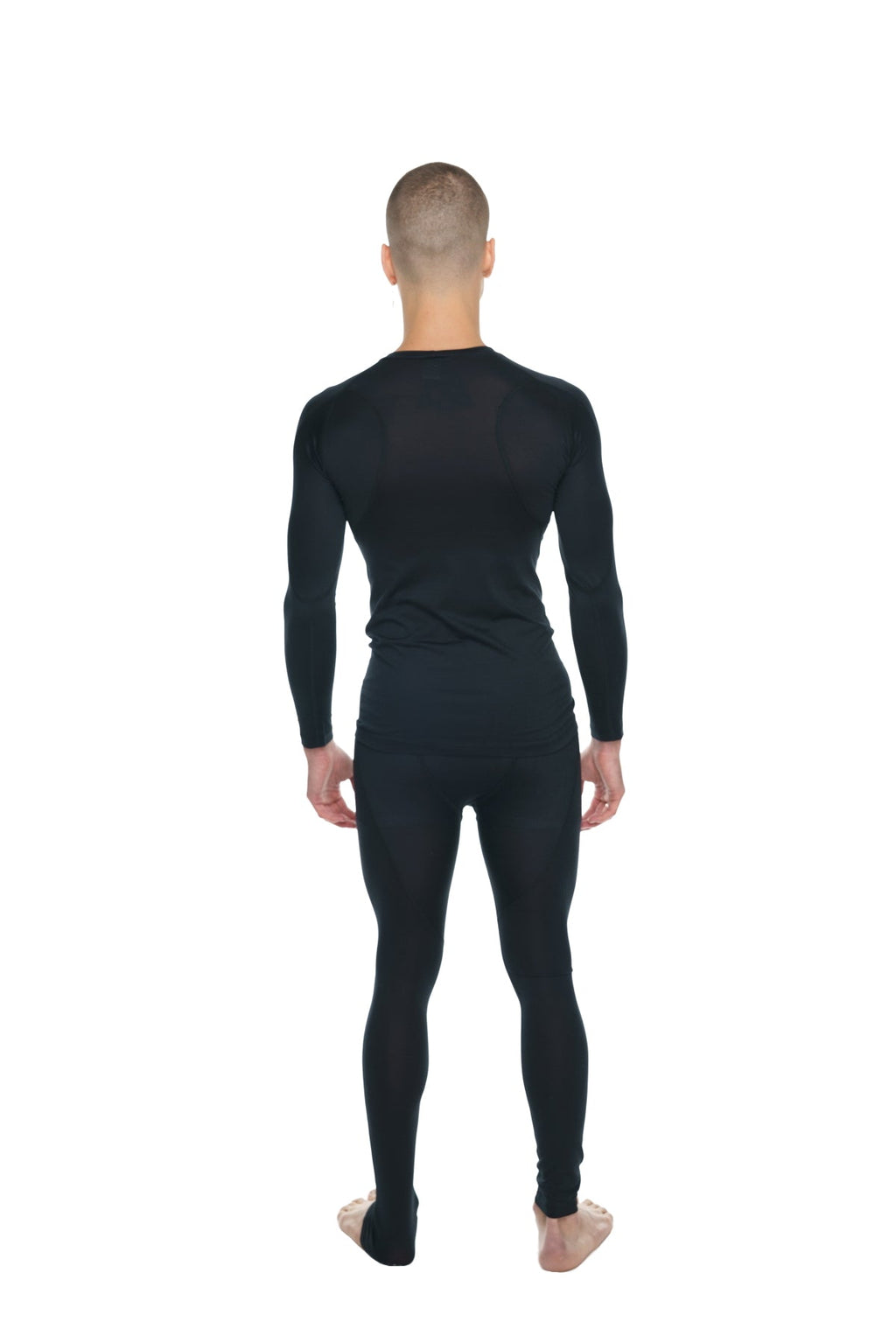 Black long-sleeved full-body compression suit with carbon black raglan crew-neck tee design shown from front