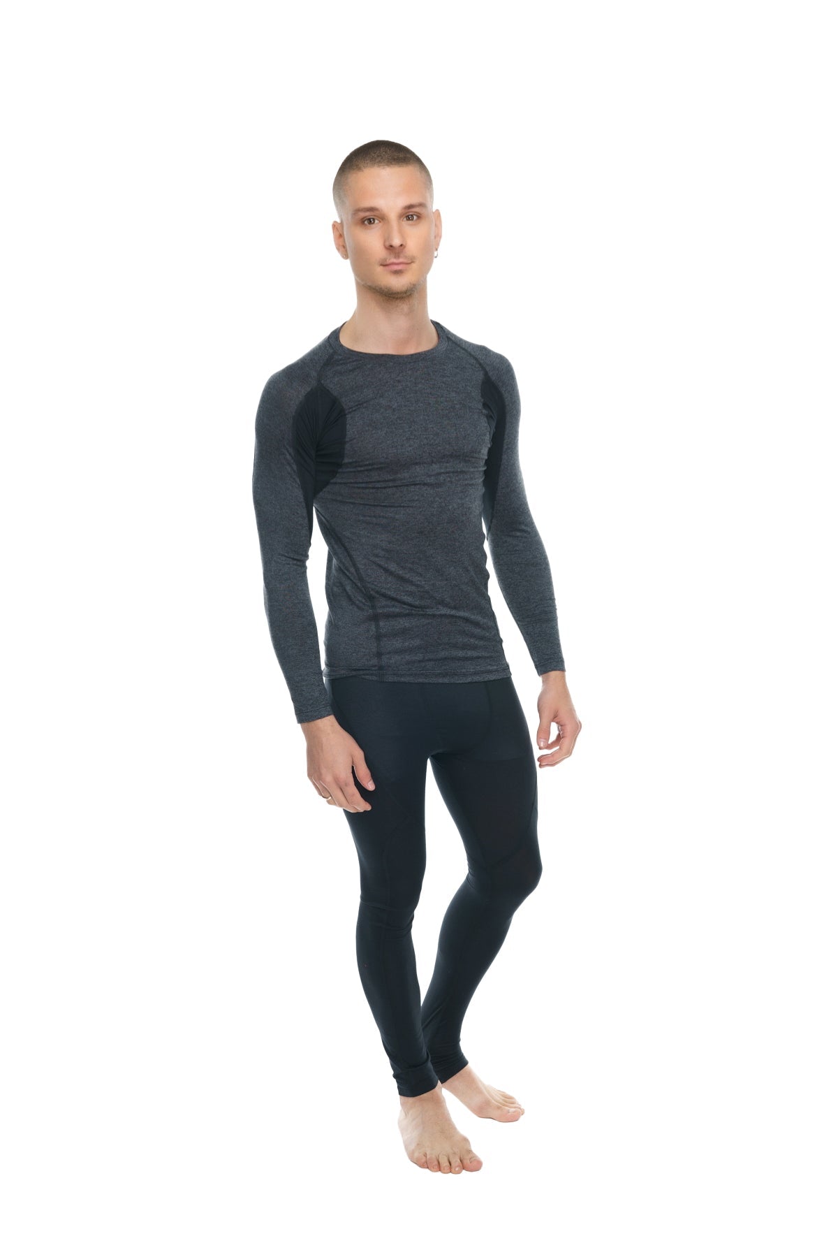 Designer raglan crew-neck tee long sleeve charcoal with black accent featuring textured panels on shoulders and torso