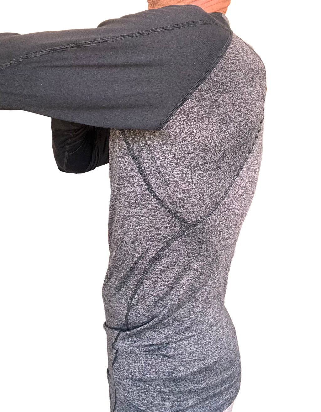 Gray heathered long sleeve designer raglan crew neck tee with black reinforced shoulder panels in charcoal with black sleeves