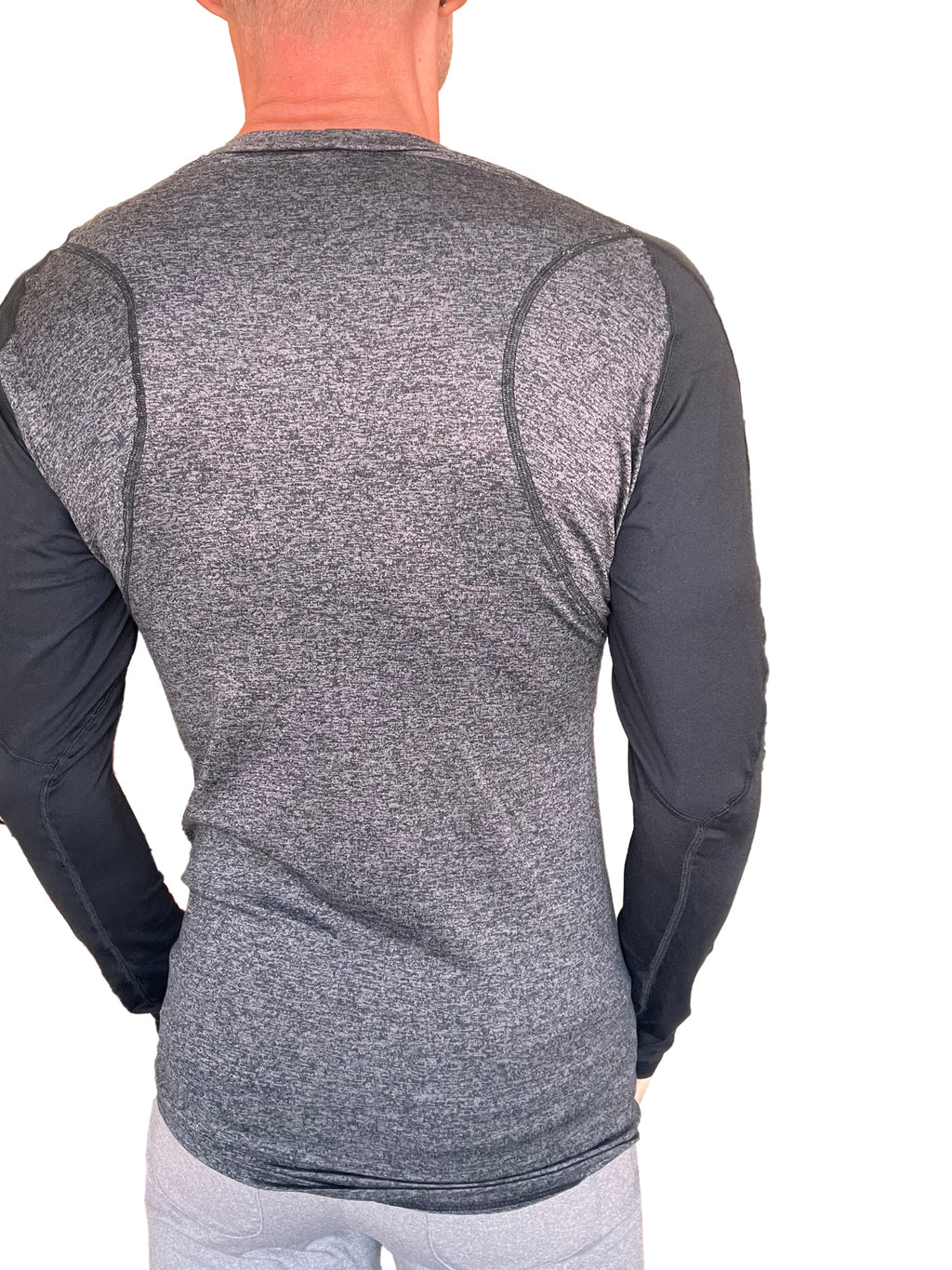 Gray and black long-sleeved designer raglan crew neck tee with heathered torso and solid sleeves for athletic wear