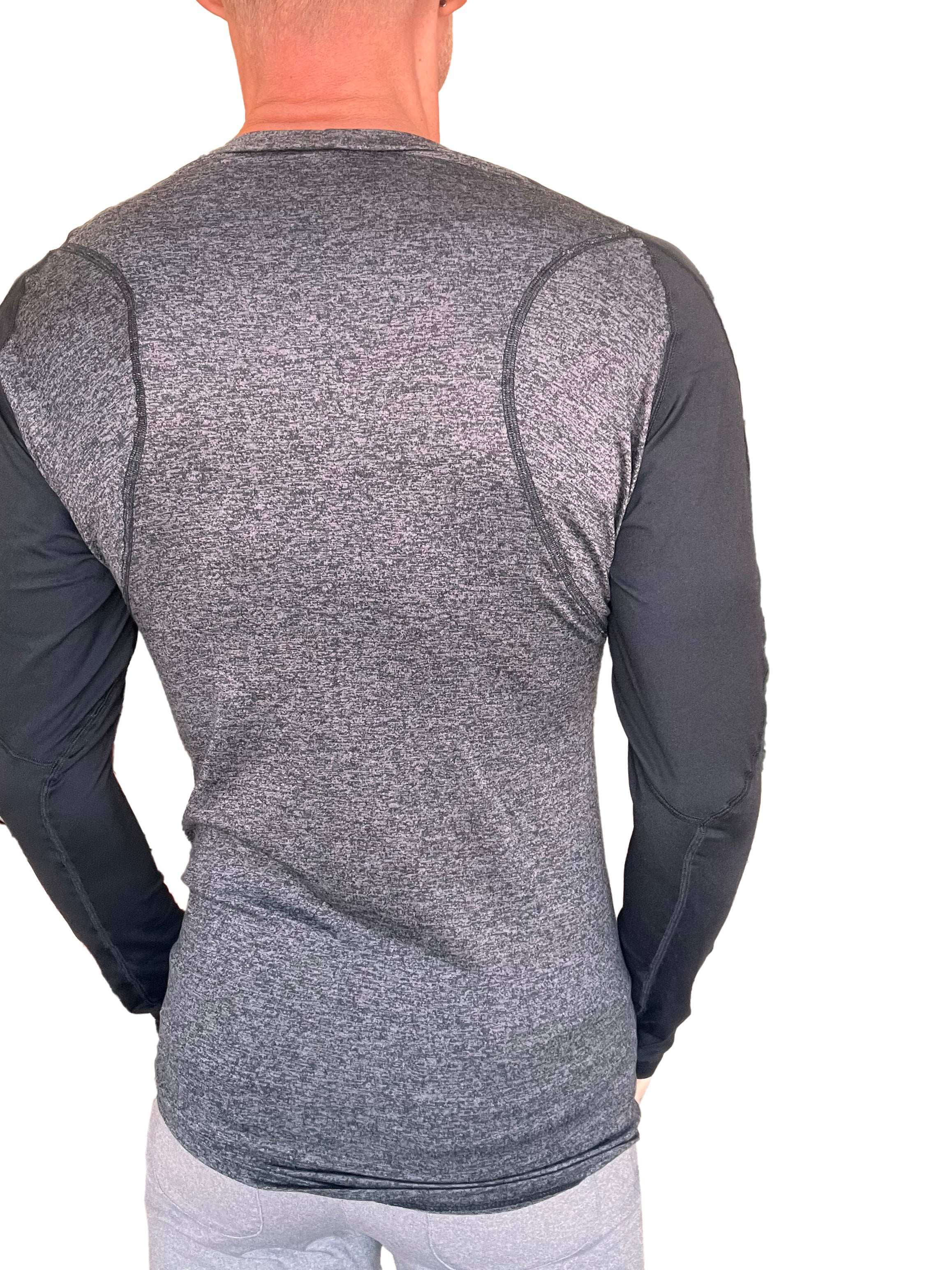 Gray and black long-sleeved designer raglan crew neck tee with heathered torso and solid sleeves for athletic wear