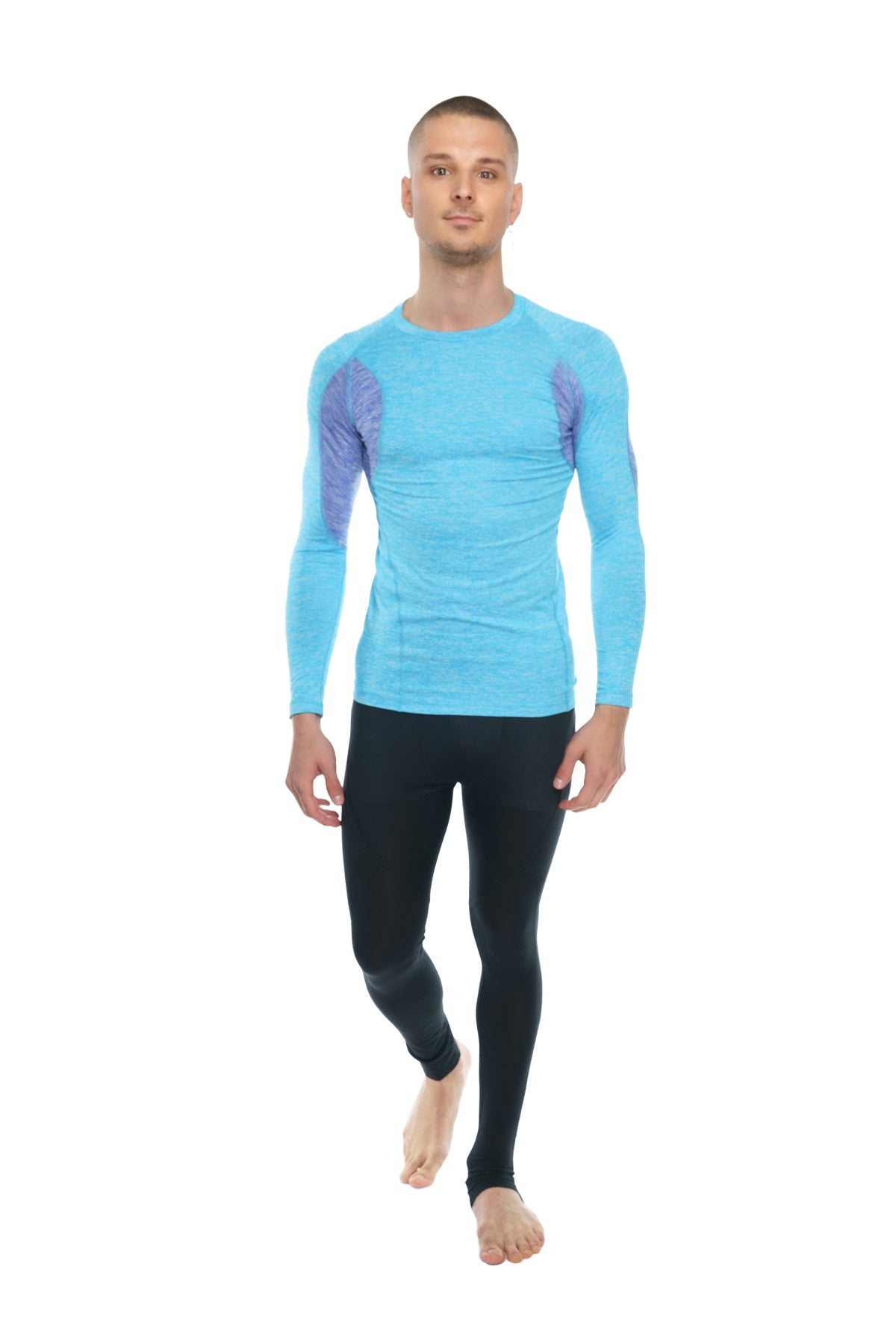Light blue long-sleeved compression shirt with purple patterned shoulder panels from designer raglan crew-neck tee series